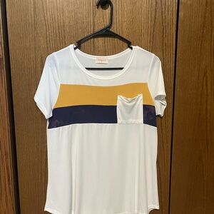 Color Block Short Sleeve Top - White, Mustard, and Navy